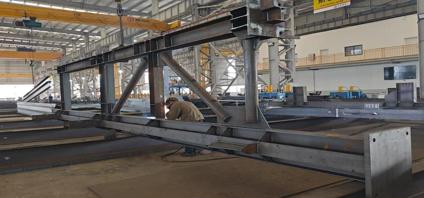 Portal frame steelwork for a petrochemical plant during fabrication
